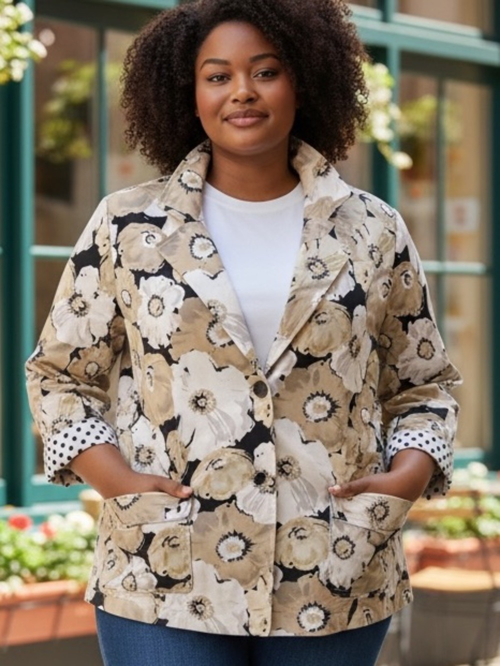 80s JOAN RIVERS NEUTRAL FLORAL & POLKA DOT UTILITY JACKET W 3/4 SLEEVE SZ 22W